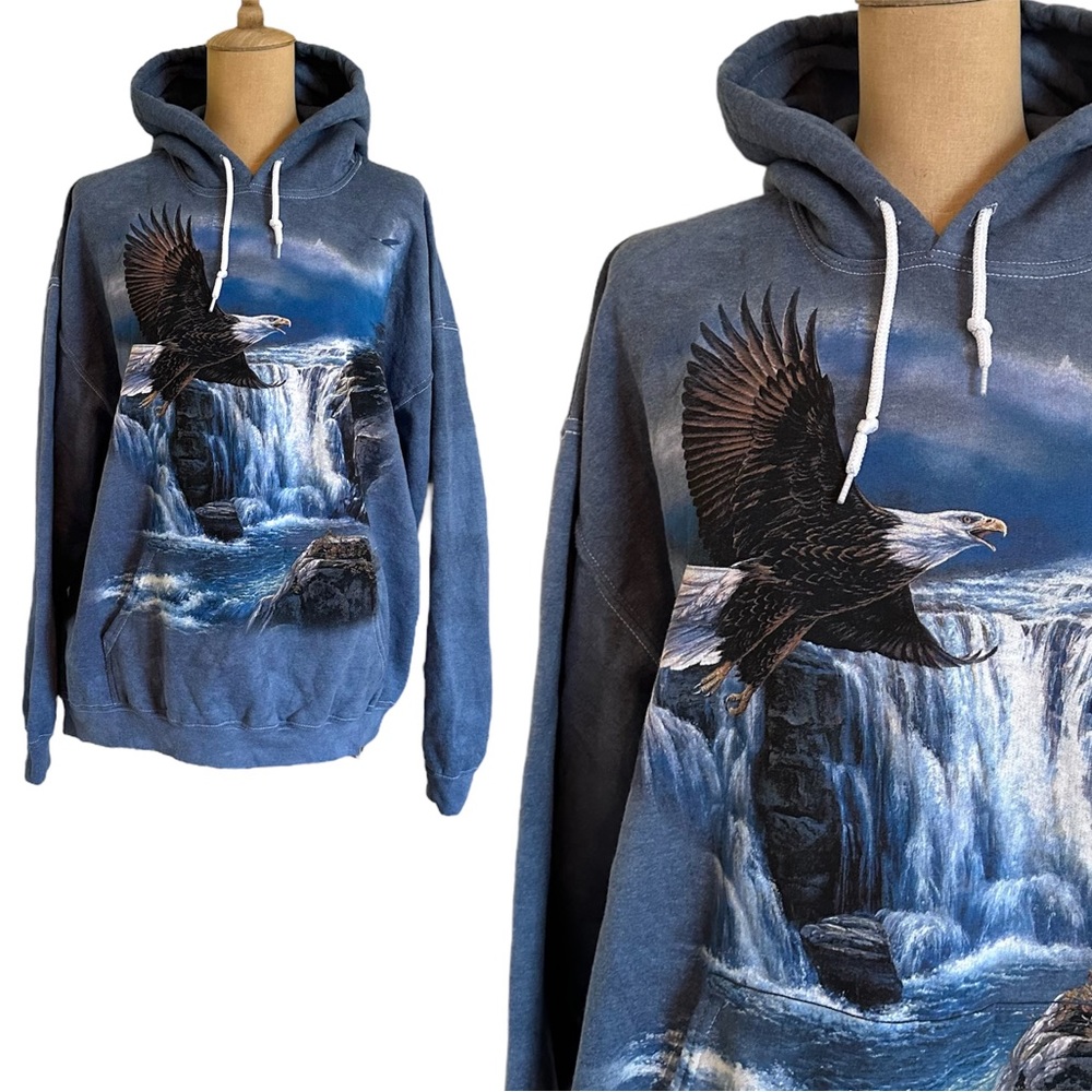 Gildan XL Blue Burnout Bald Eagle Animal Print Hooded Sweatshirt vintage Y2K